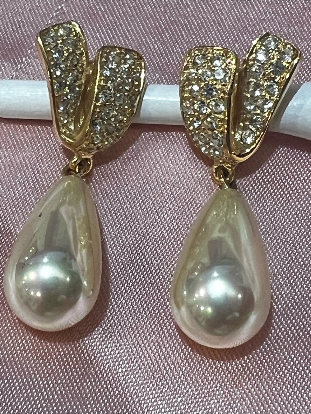 Gold-Tone Pearl Teardrop Drop Earrings with Crystal Accents